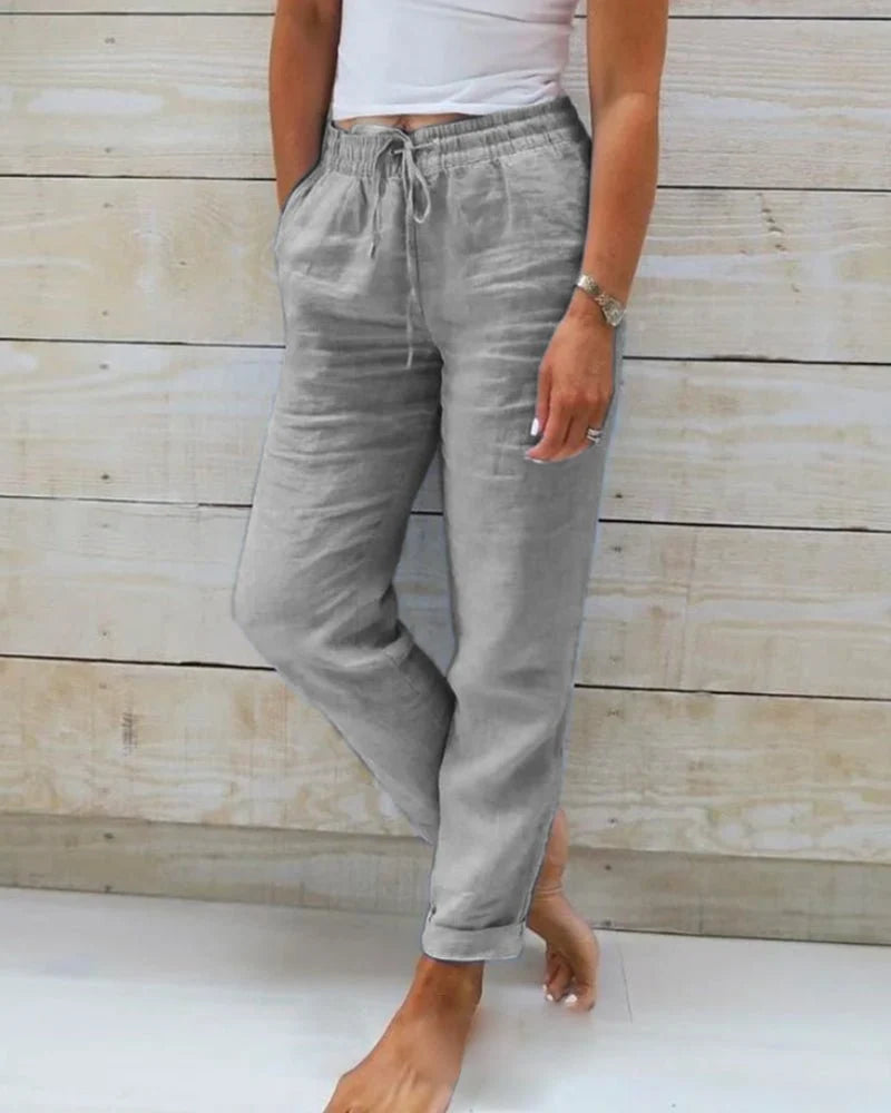 Nuana | Damen Leinen Kordelzug Gummibund Gerade Hose