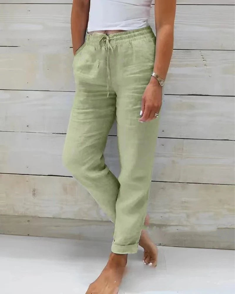 Nuana | Damen Leinen Kordelzug Gummibund Gerade Hose