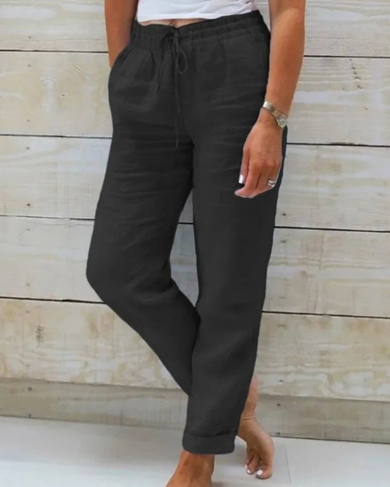 Nuana | Damen Leinen Kordelzug Gummibund Gerade Hose