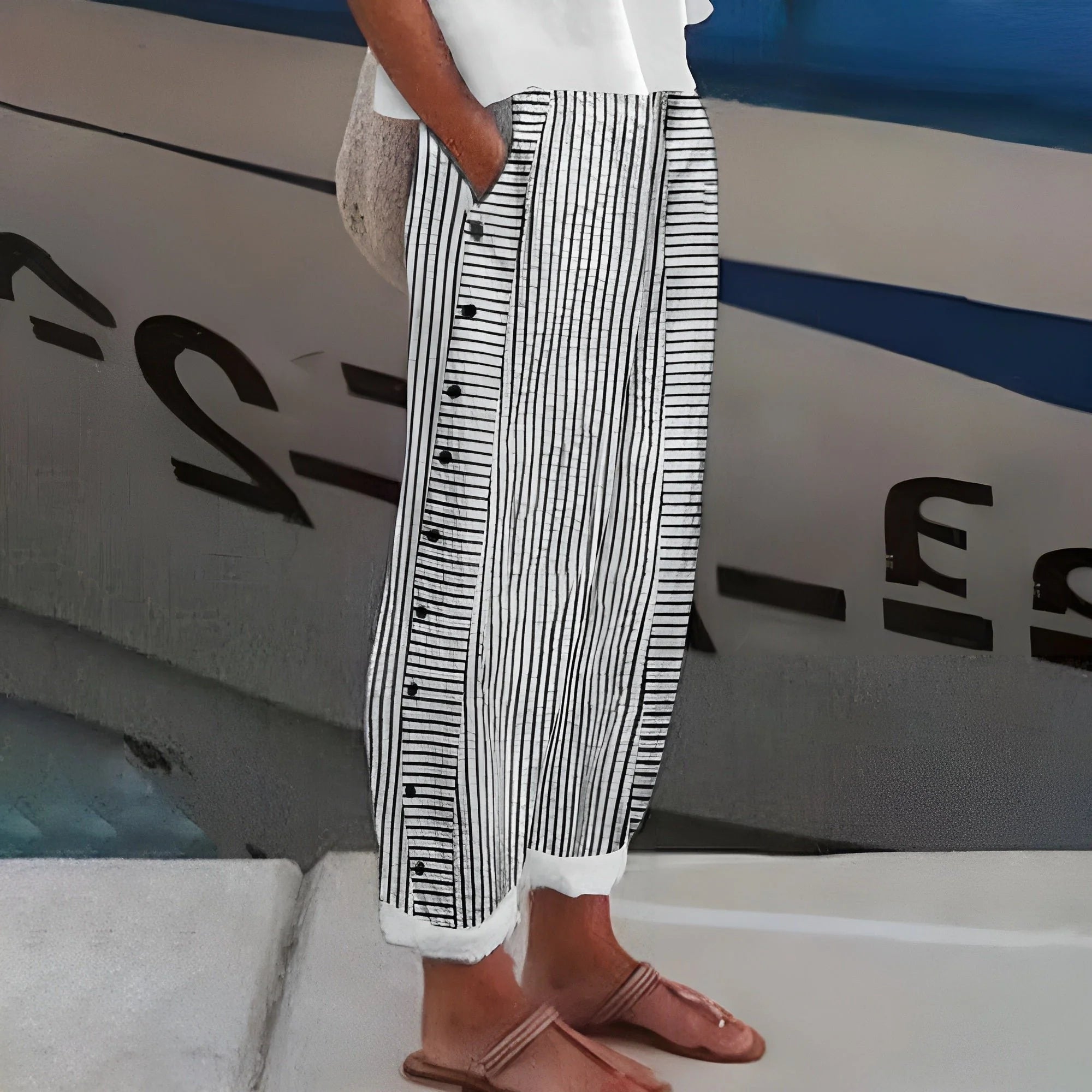 Nuana | Damen Linnen Gestreifte Relaxed-Fit Seitentaschen Hose