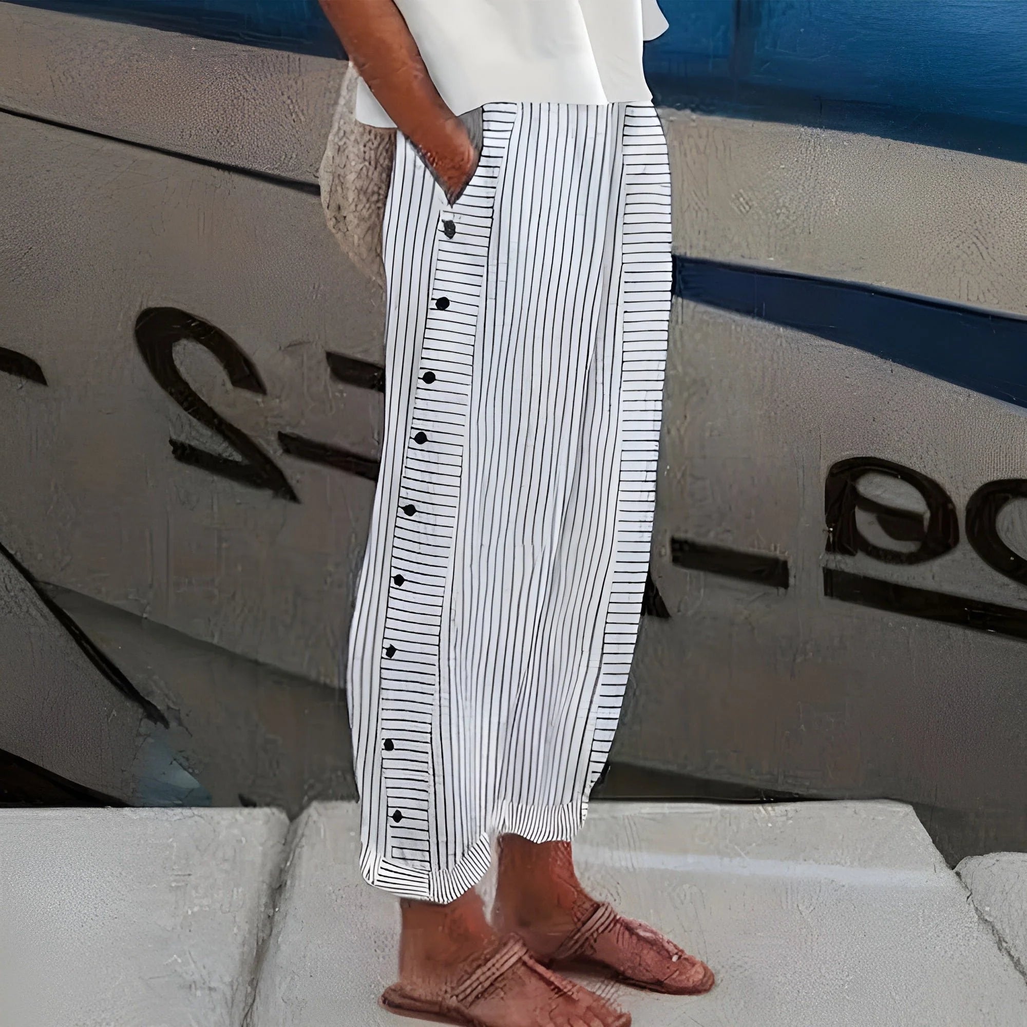 Nuana | Damen Linnen Gestreifte Relaxed-Fit Seitentaschen Hose