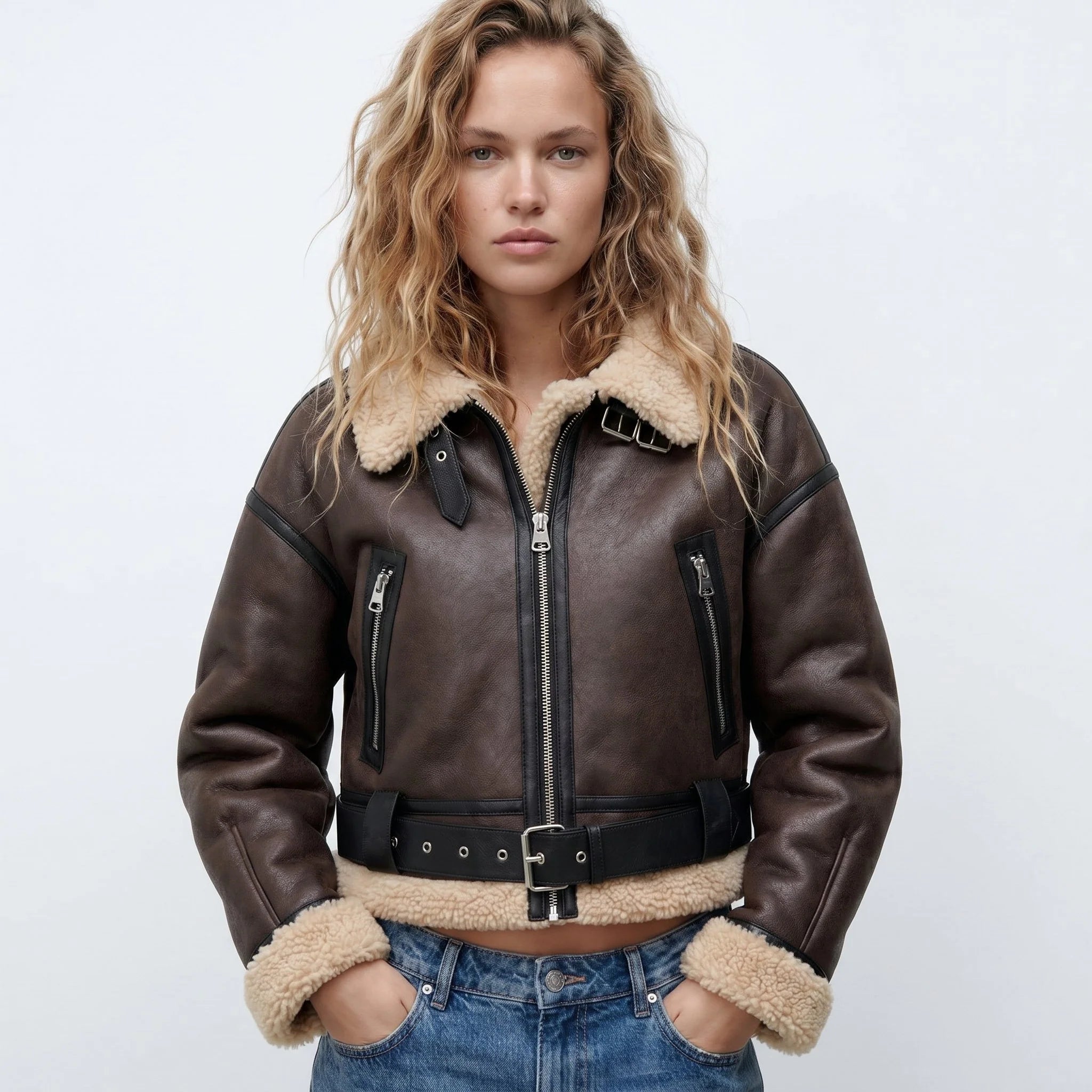 Nuana | Damen Luxus Doppelseitige Lammfell Bomber Jacke