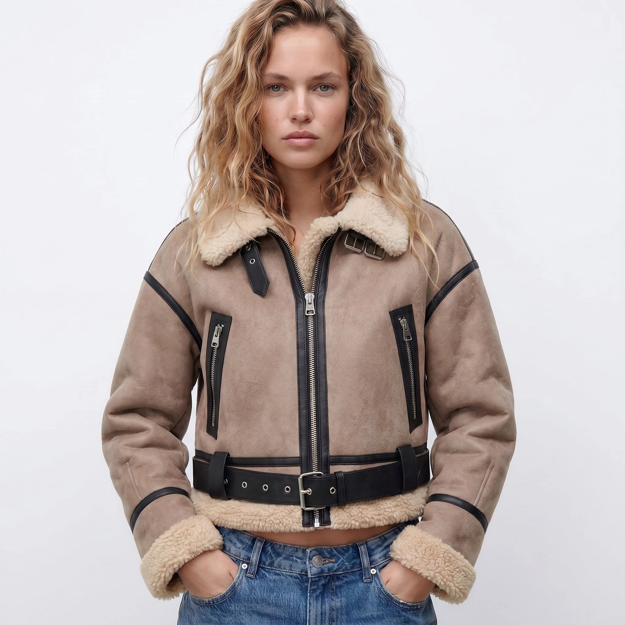 Nuana | Damen Luxus Doppelseitige Lammfell Bomber Jacke