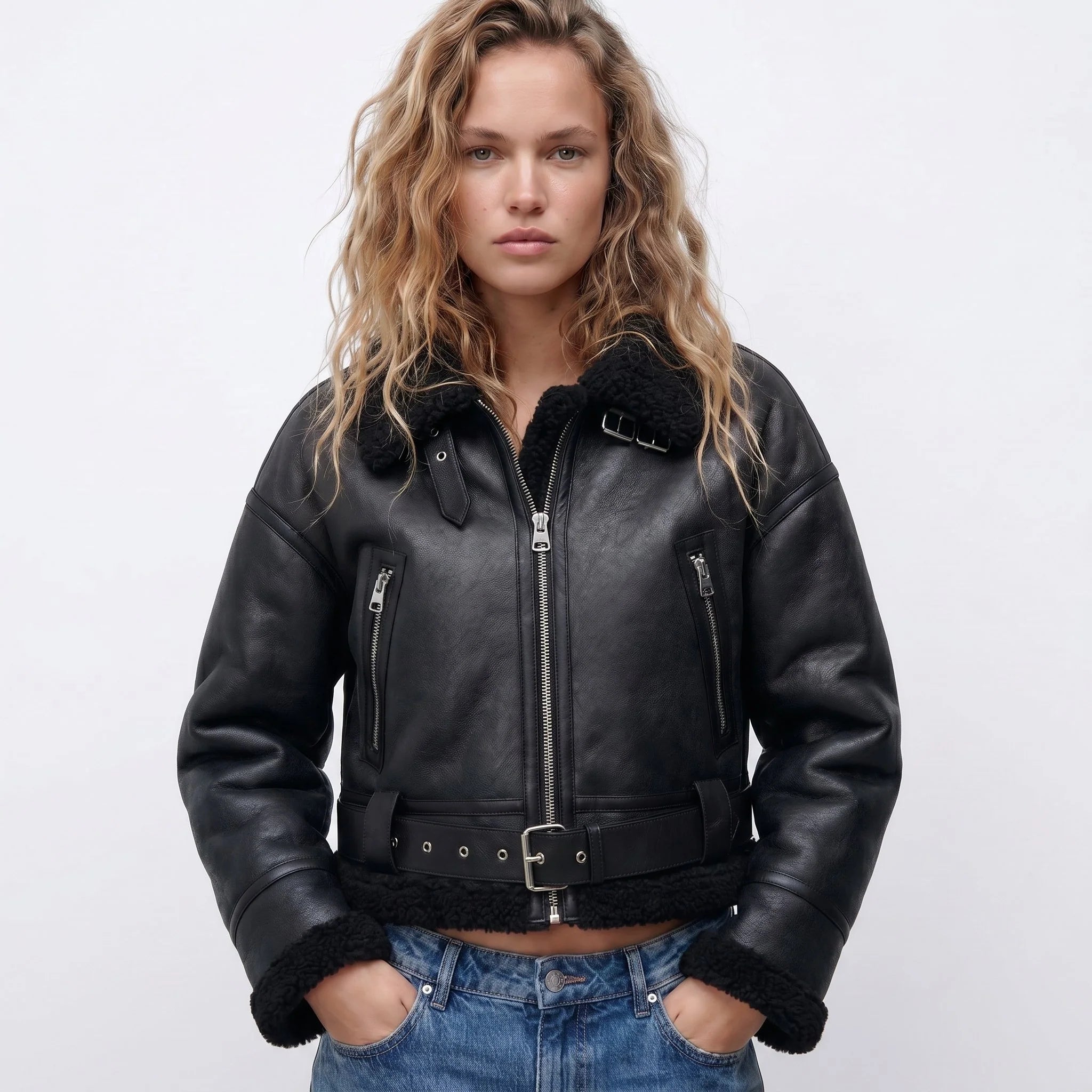 Nuana | Damen Luxus Doppelseitige Lammfell Bomber Jacke