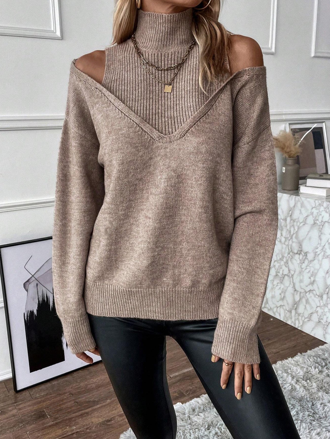 Nuana | Damen Off-Shoulder Rollkragenpullover Aus Strick