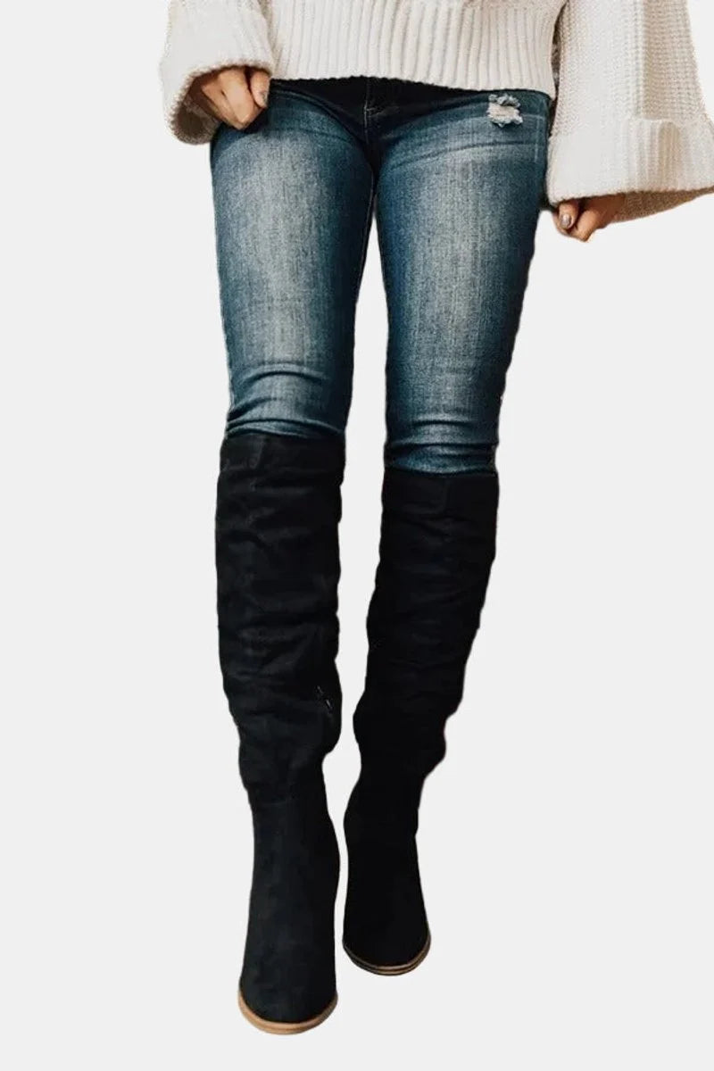 Nuana | Damen Overknee-Stiefeletten mit Blockabsatz und Reißverschluss