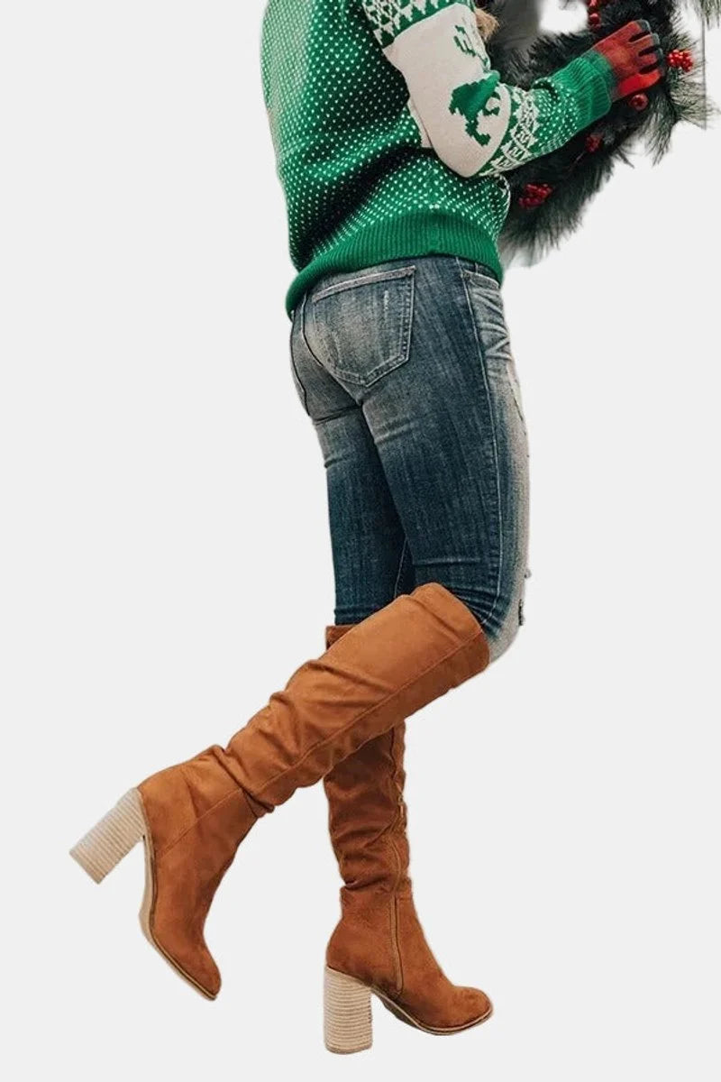 Nuana | Damen Overknee-Stiefeletten mit Blockabsatz und Reißverschluss