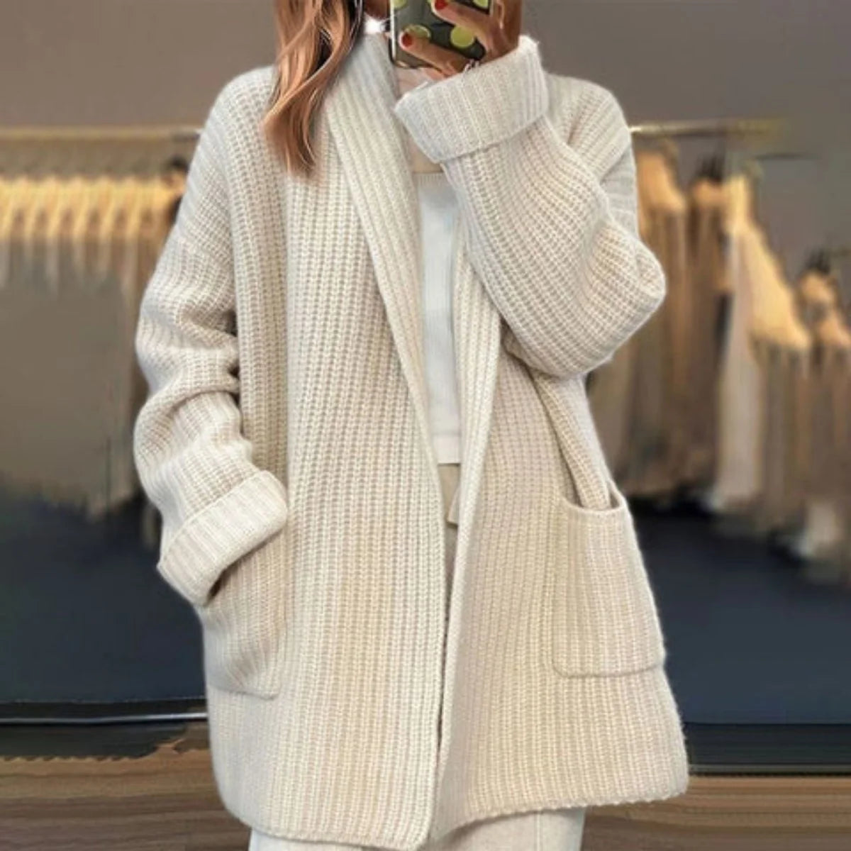Nuana | Damen Oversize Strick-Cardigan mit V-Ausschnitt und Taschen
