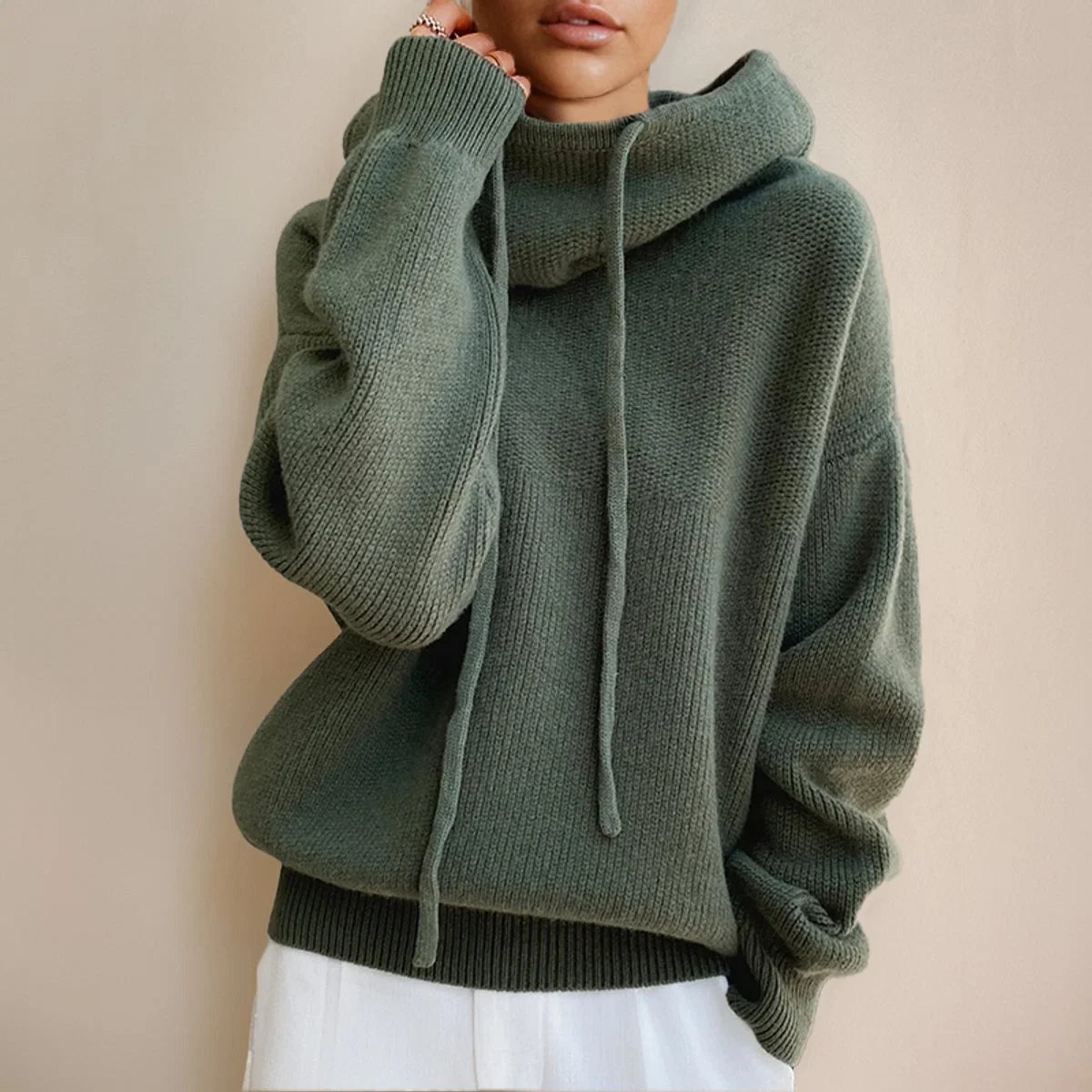 Nuana | Damen Oversize Strick-Turtleneck Sweater mit Kapuze und Kordelzug