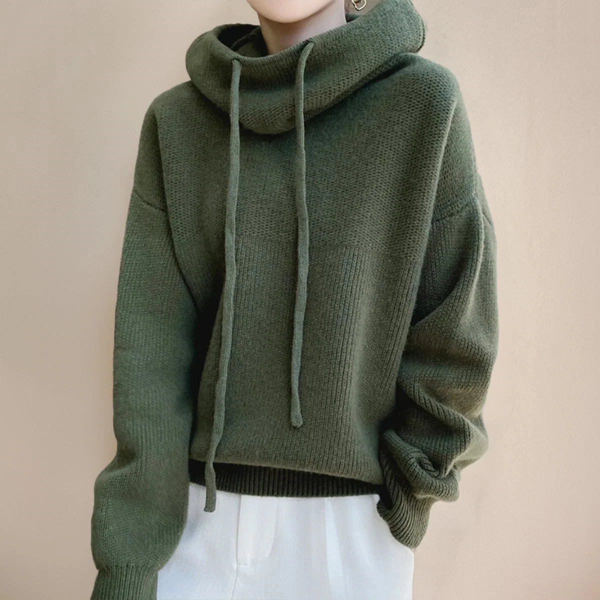 Nuana | Damen Oversize Strick-Turtleneck Sweater mit Kapuze und Kordelzug