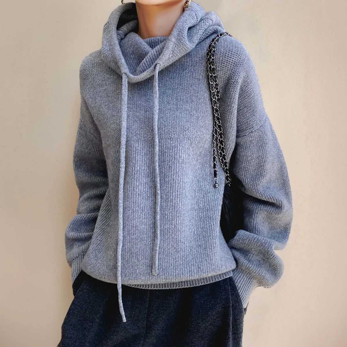 Nuana | Damen Oversize Strick-Turtleneck Sweater mit Kapuze und Kordelzug