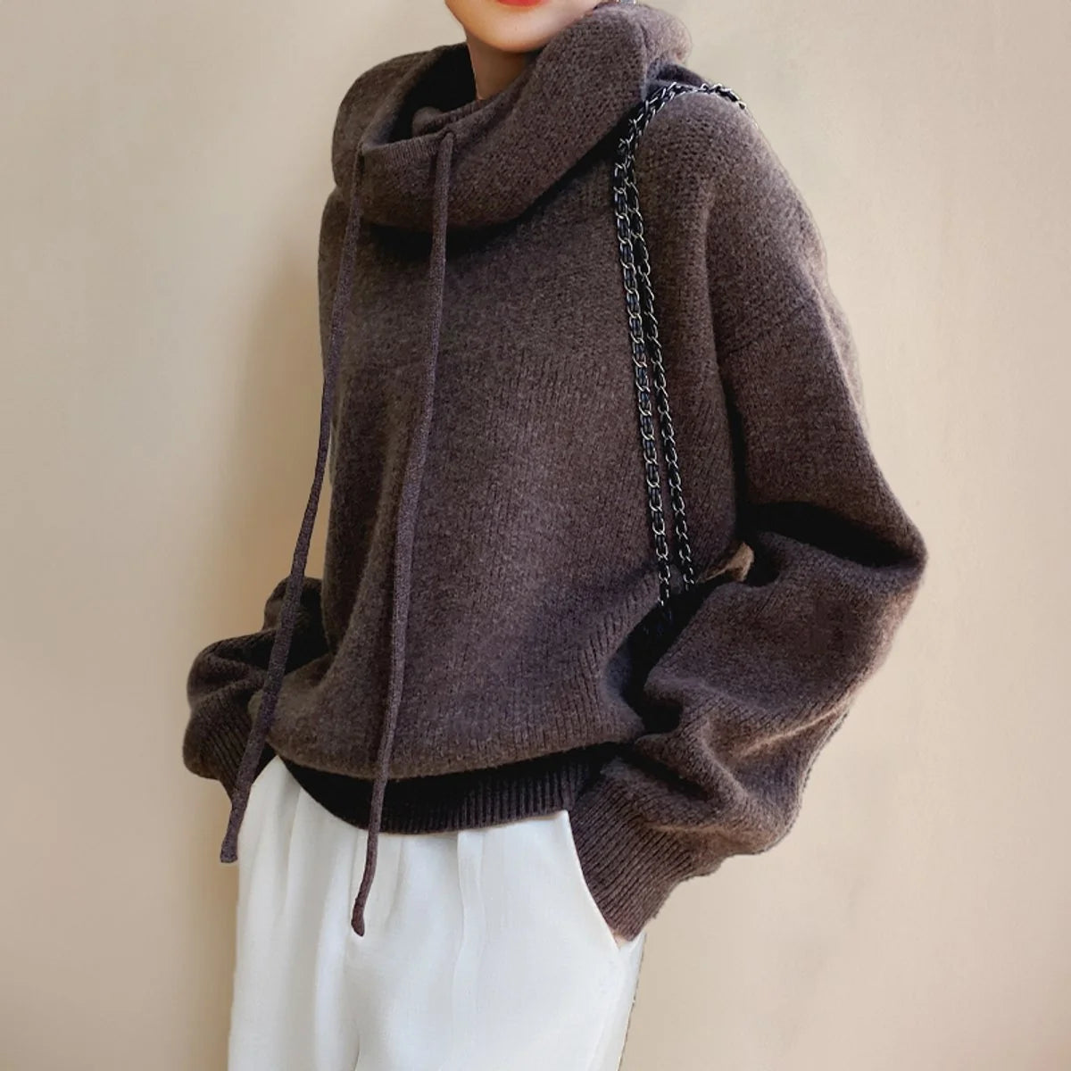 Nuana | Damen Oversize Strick-Turtleneck Sweater mit Kapuze und Kordelzug