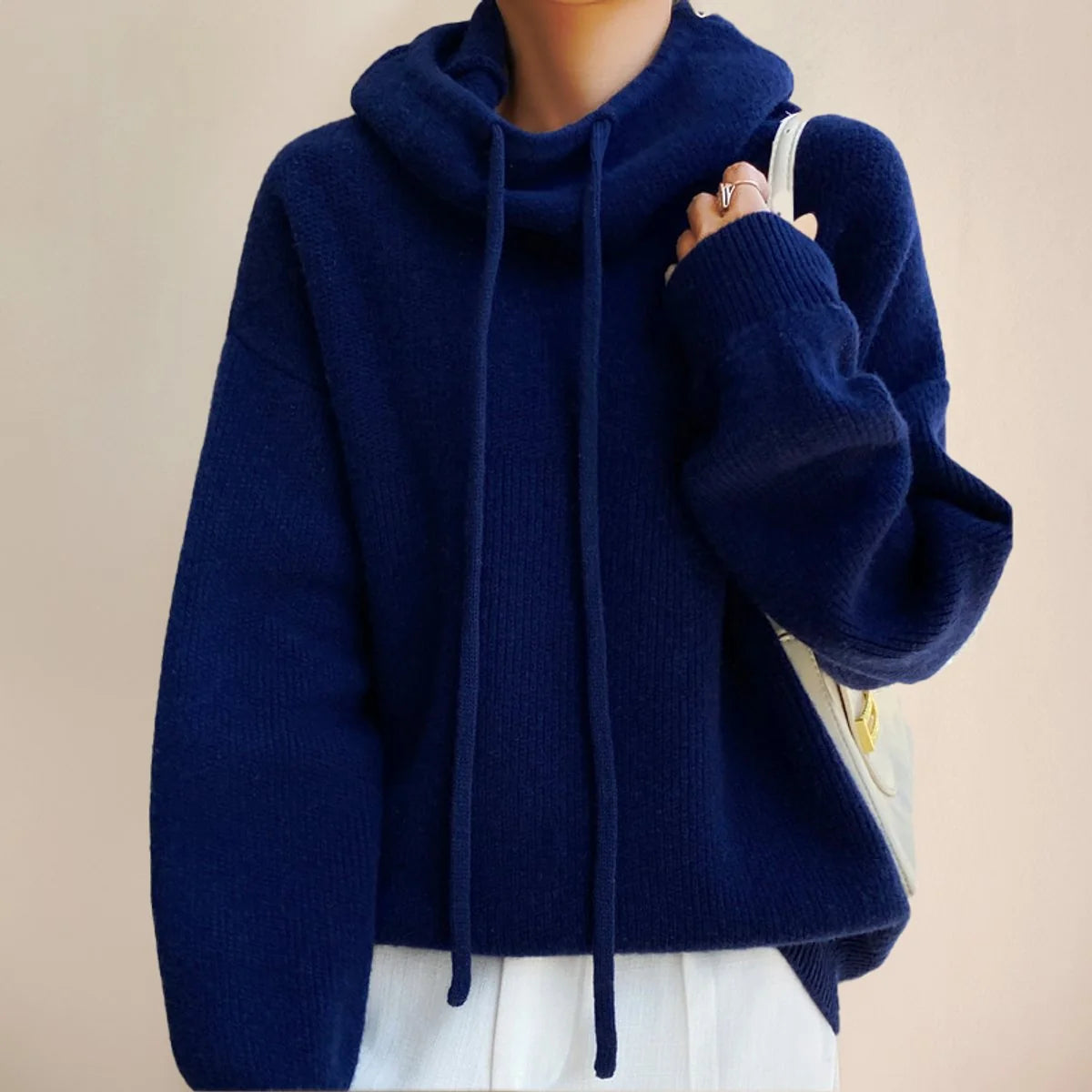 Nuana | Damen Oversize Strick-Turtleneck Sweater mit Kapuze und Kordelzug