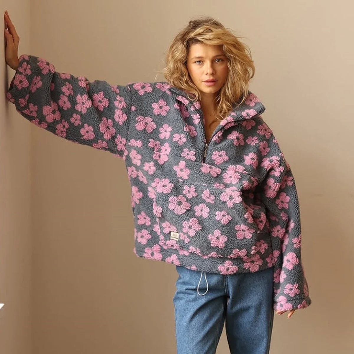 Nuana Damen Oversized Floral Sherpa Fleece Pullover Sweater