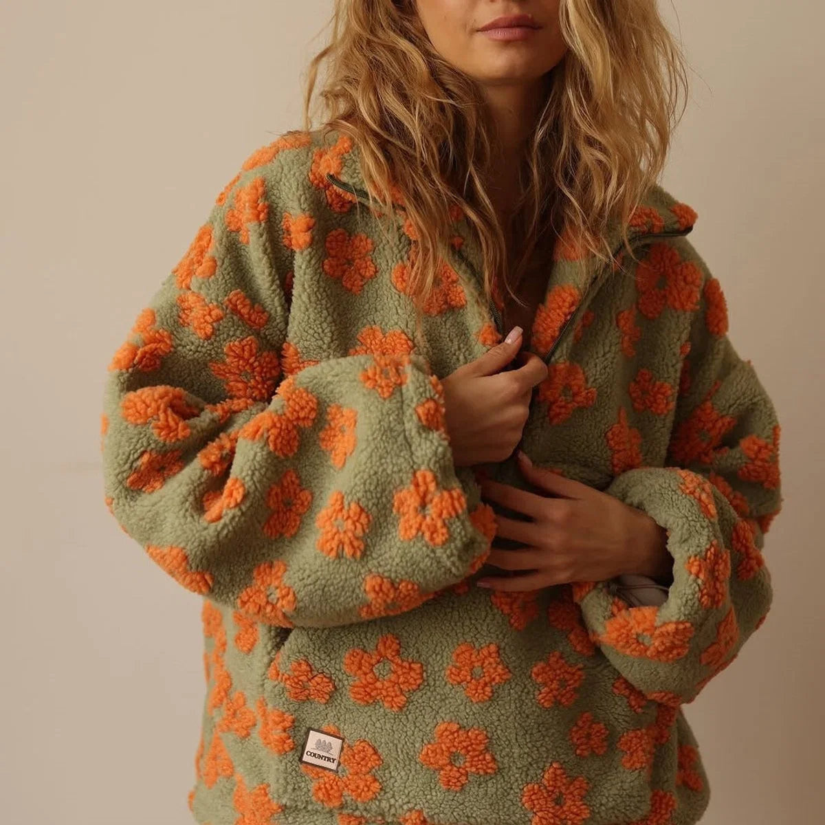 Nuana Damen Oversized Floral Sherpa Fleece Pullover Sweater
