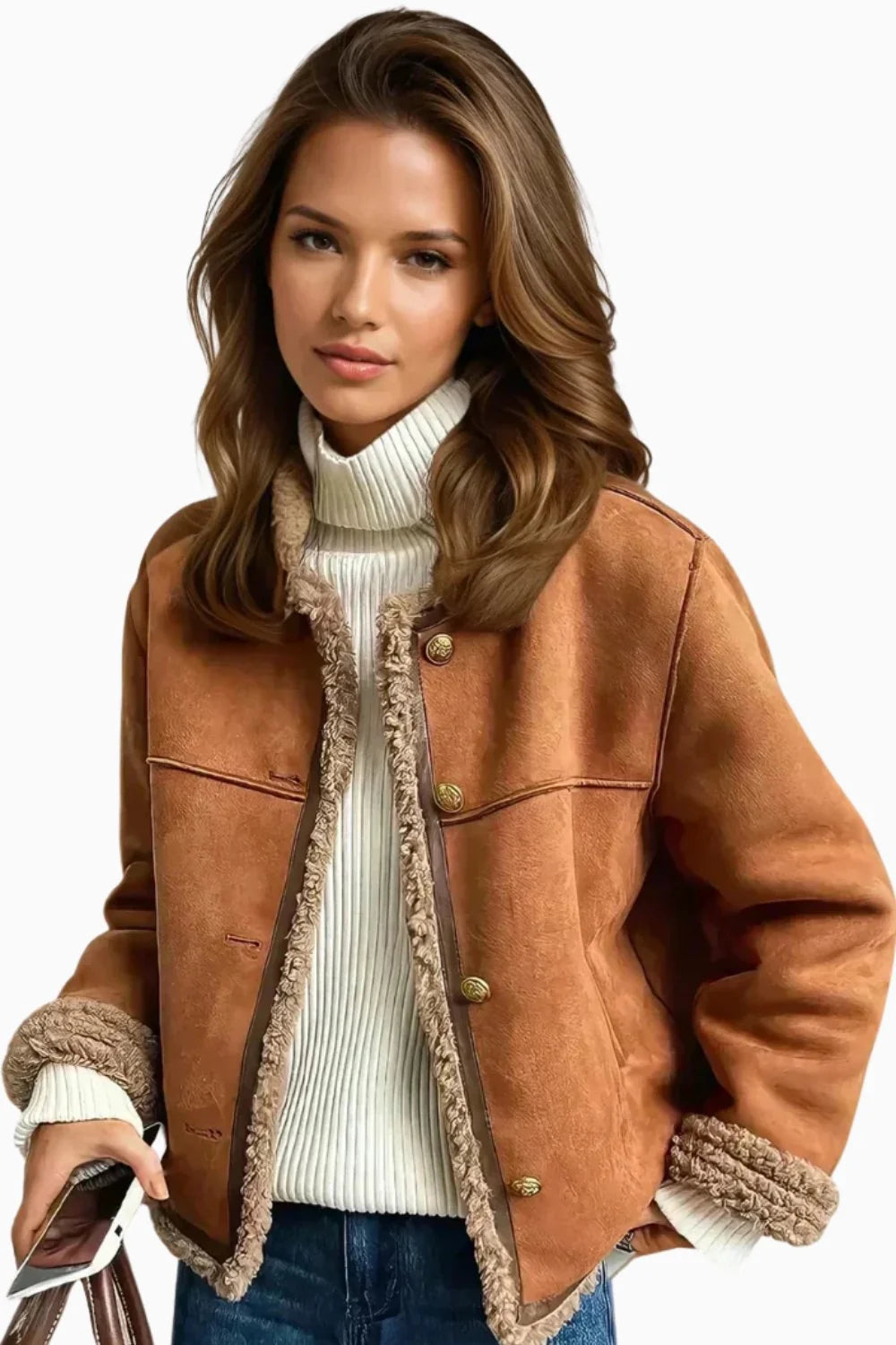 Nuana | Damen Oversized Kunstschaffell-Jacke mit Knopfleiste Sherpa-Futter