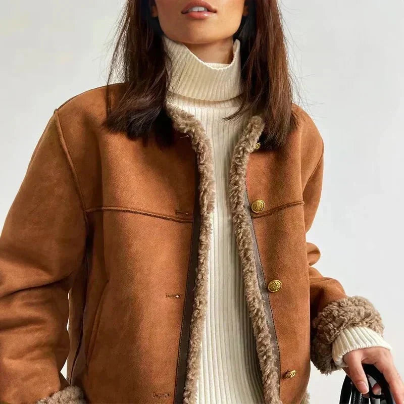 Nuana | Damen Oversized Kunstschaffell-Jacke mit Knopfleiste Sherpa-Futter