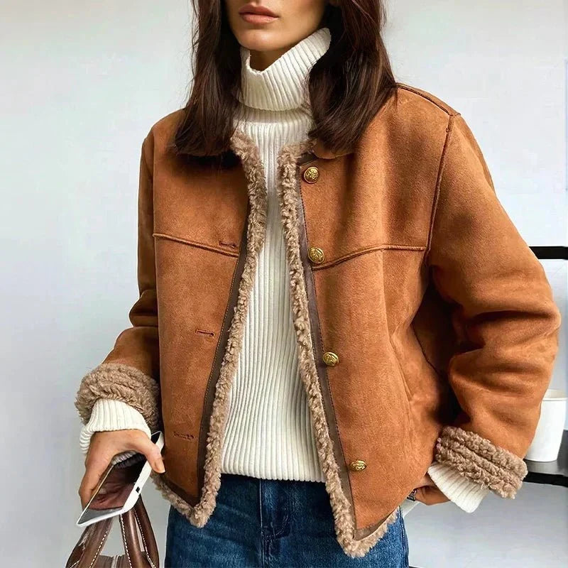 Nuana | Damen Oversized Kunstschaffell-Jacke mit Knopfleiste Sherpa-Futter