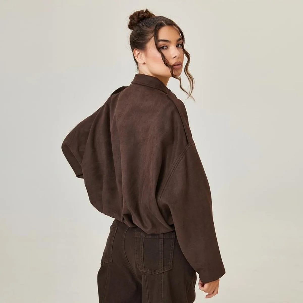Nuana | Damen Oversized Kurzgeschnittene Kunstwildleder Bomberjacke