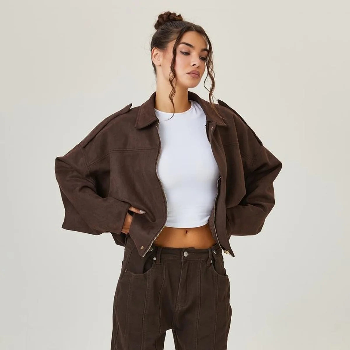 Nuana | Damen Oversized Kurzgeschnittene Kunstwildleder Bomberjacke
