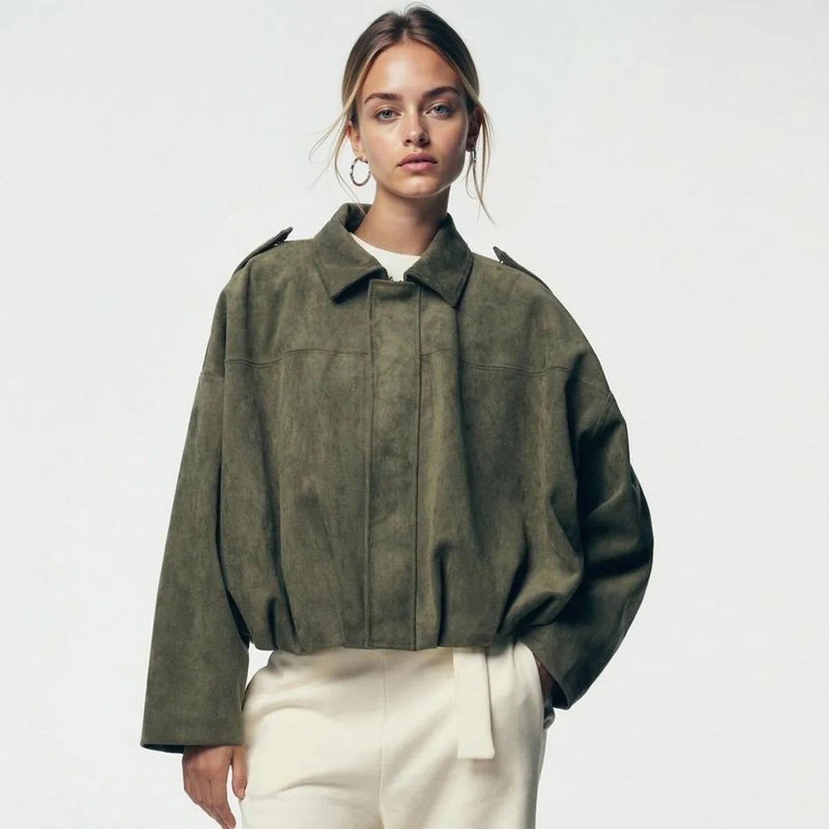 Nuana | Damen Oversized Kurzgeschnittene Kunstwildleder Bomberjacke