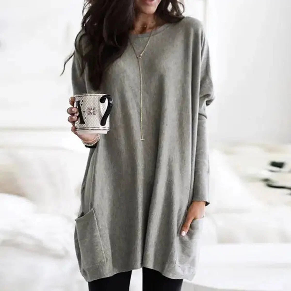 Nuana | Damen Oversized Langarm-Tunika Pullover mit Taschen