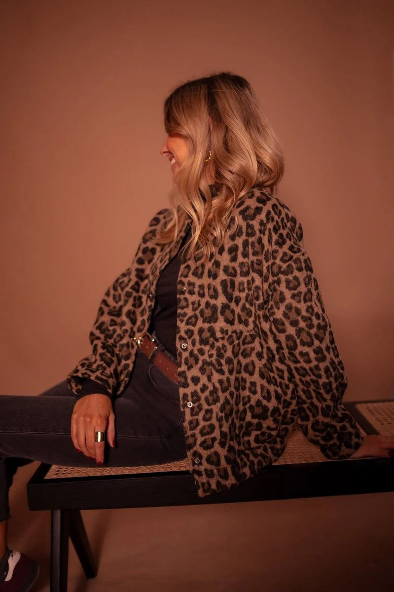 Nuana | Damen Oversized Quilted Jacket Leopardenmuster Druckknopf
