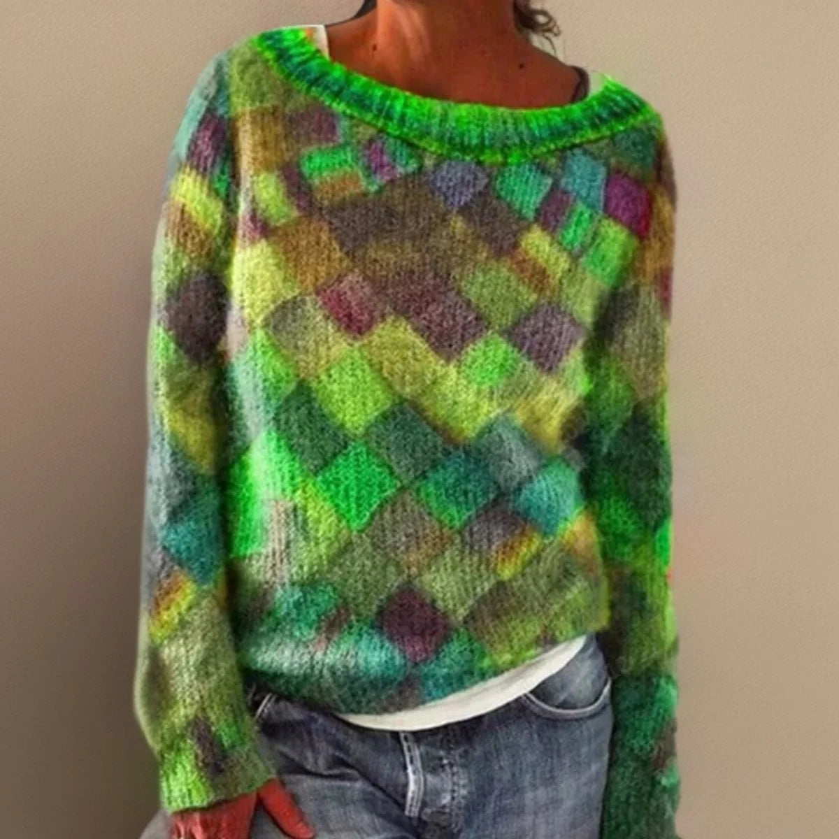 Nuana | Damen Oversized Rauten-Knit Sweater mit lockerem Schnitt