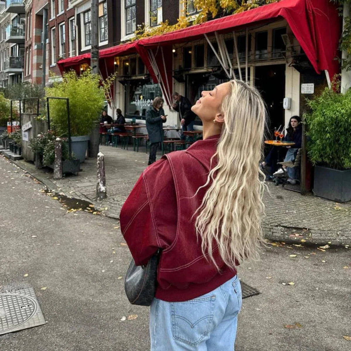 Nuana | Damen Oversized Steppjacke Bomberjacke Kontrastnaht Kunstleder