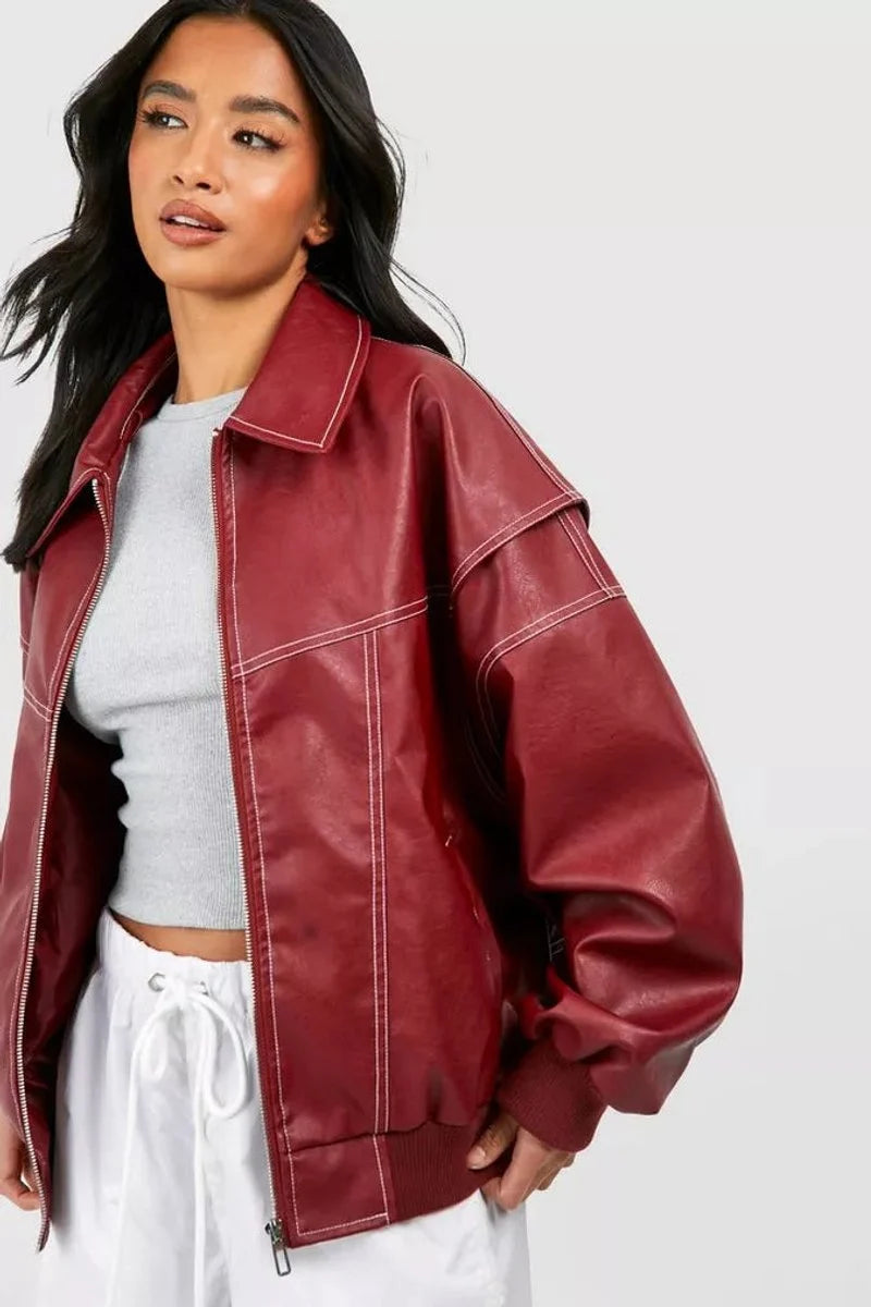 Nuana | Damen Oversized Steppjacke Bomberjacke Kontrastnaht Kunstleder