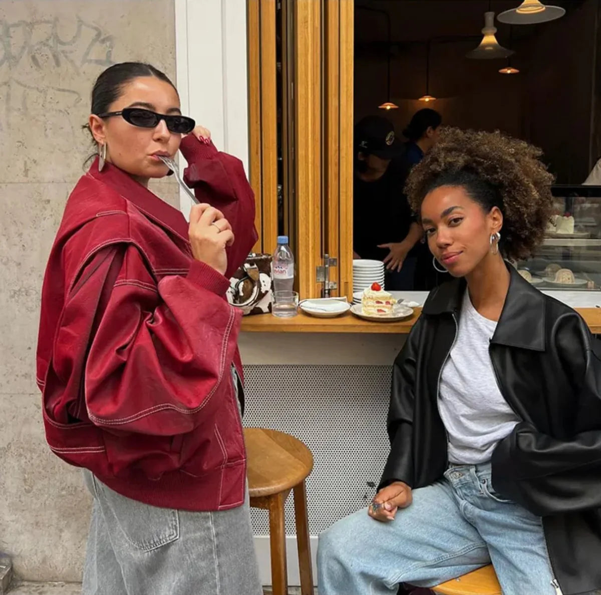 Nuana | Damen Oversized Steppjacke Bomberjacke Kontrastnaht Kunstleder