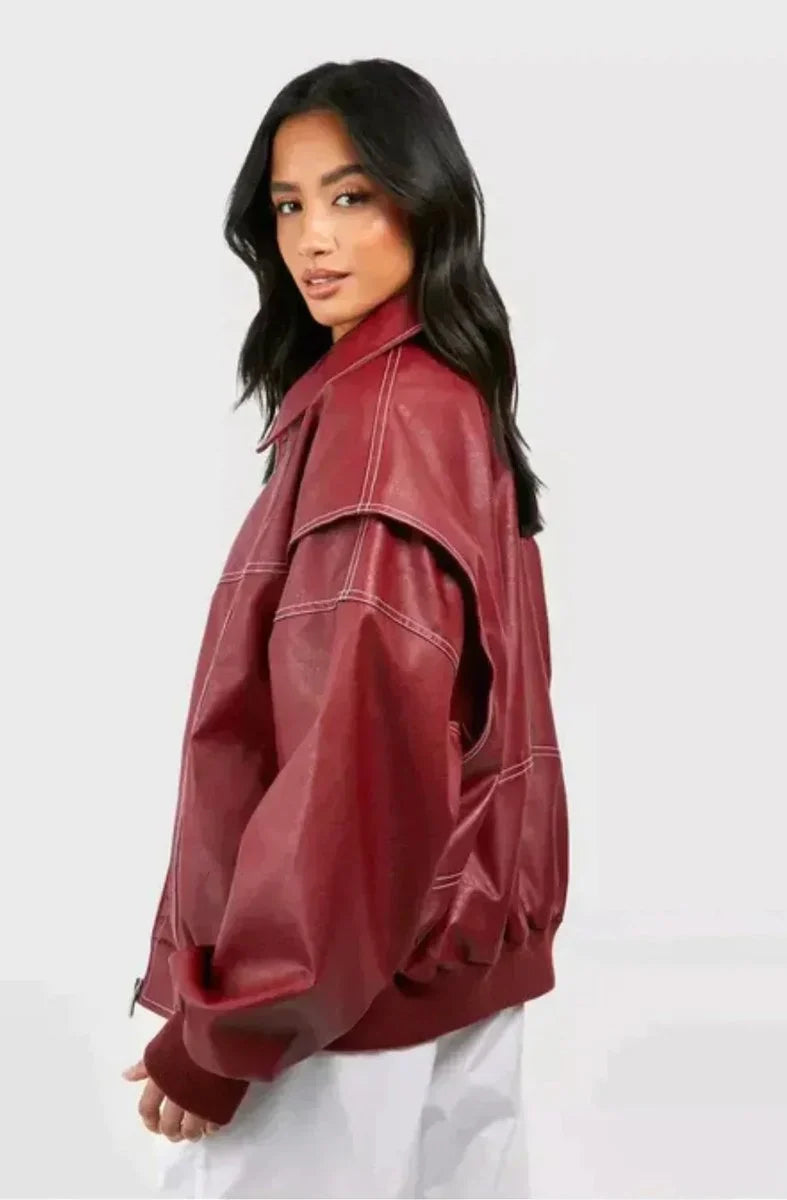 Nuana | Damen Oversized Steppjacke Bomberjacke Kontrastnaht Kunstleder