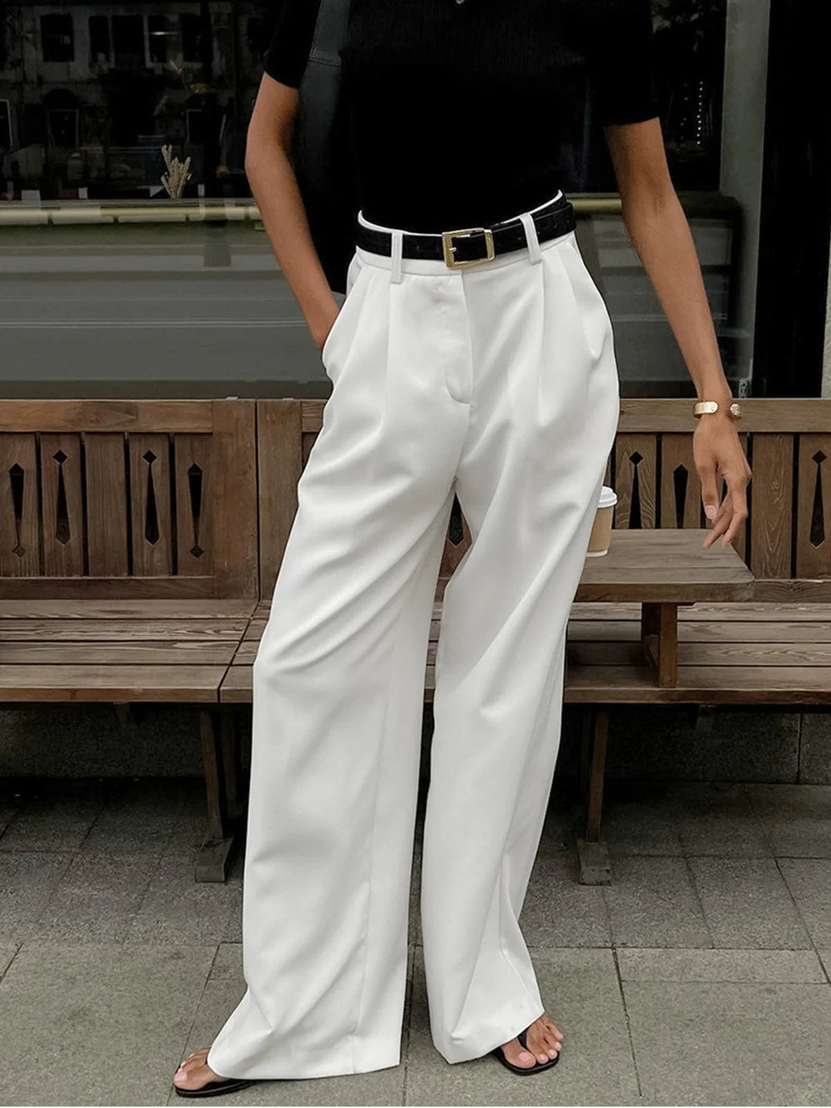 Nuana | Damen Plissierte Vorderseite Weite-Hosen mit Gürtel