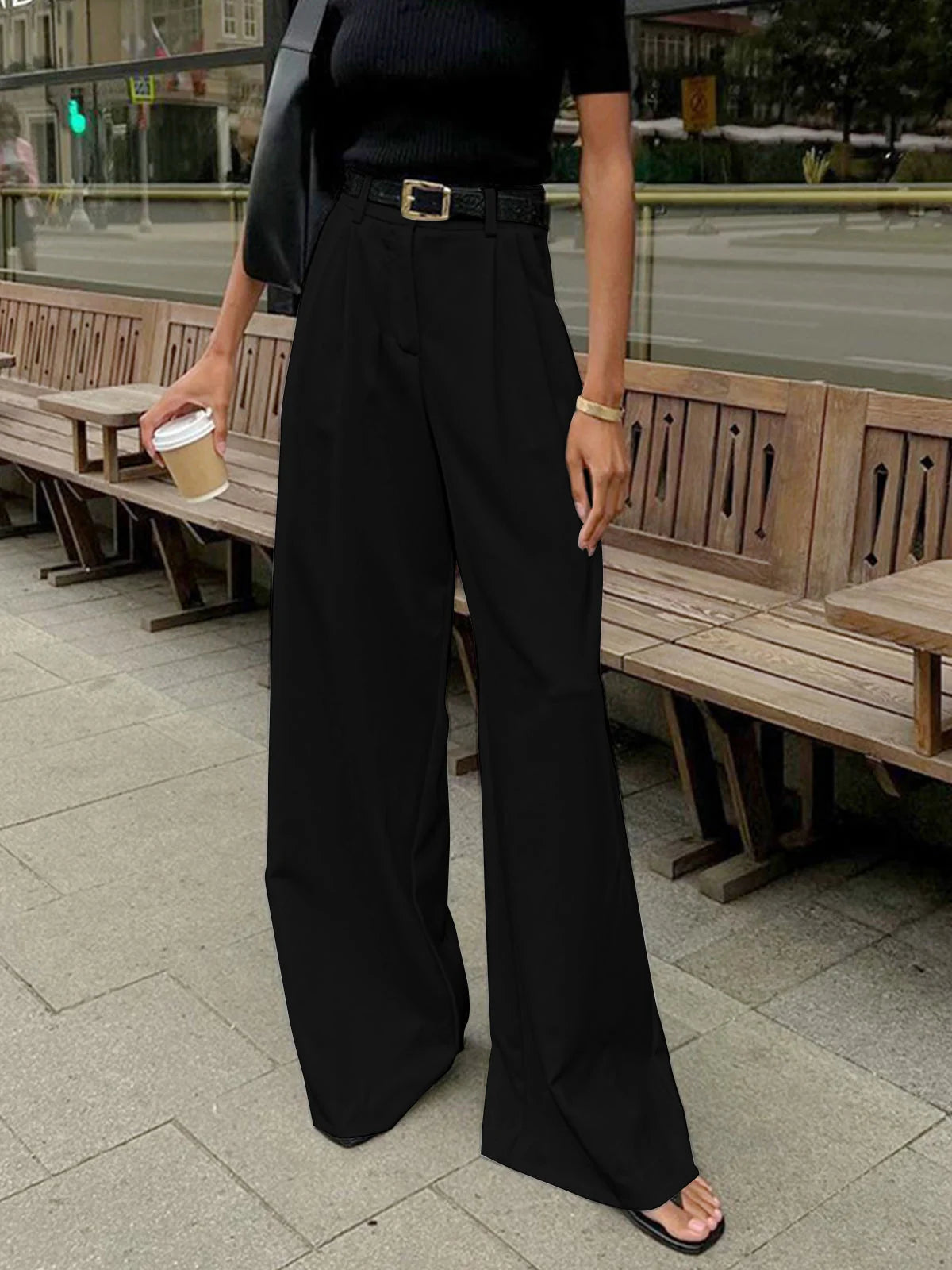Nuana | Damen Plissierte Vorderseite Weite-Hosen mit Gürtel