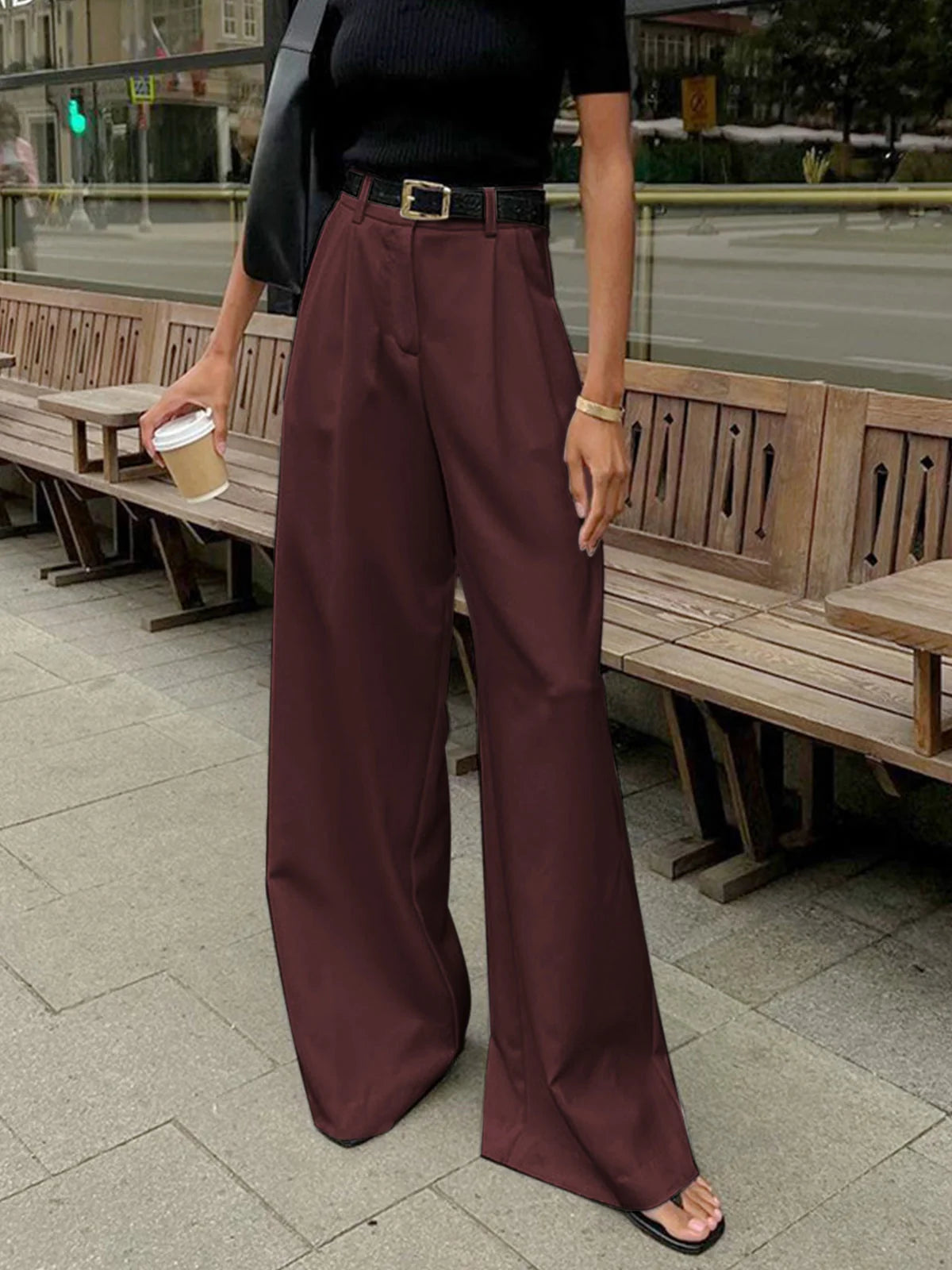 Nuana | Damen Plissierte Vorderseite Weite-Hosen mit Gürtel