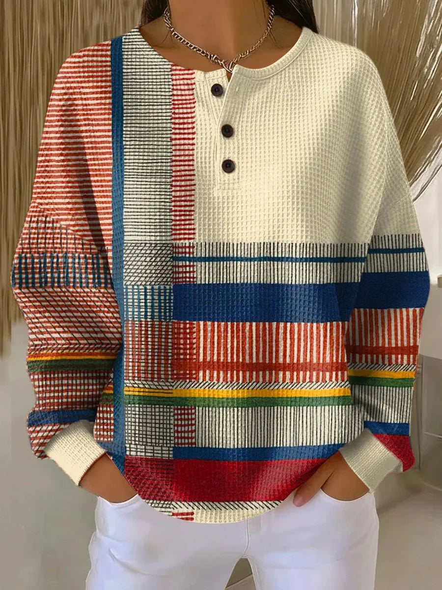 Nuana | Damen Relaxed-Fit Colourblock Waffelstrick Henley Pullover