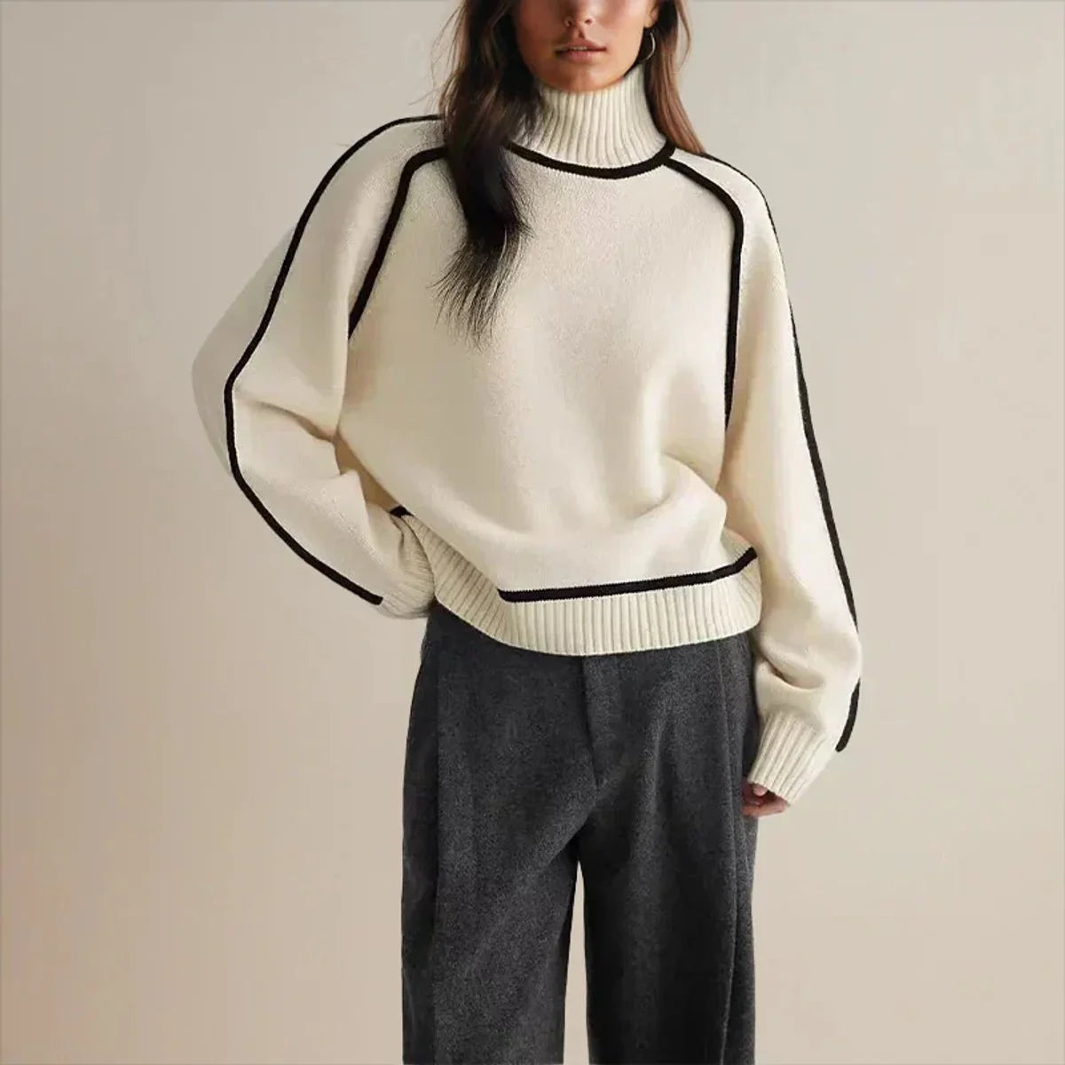 Nuana | Damen Rollkragen Oversized Strick Sweater mit Kontraststreifen