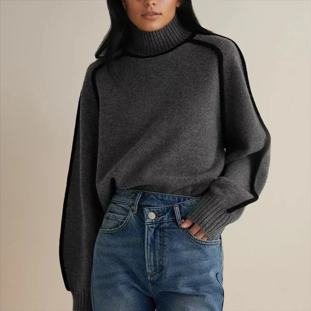 Nuana | Damen Rollkragen Oversized Strick Sweater mit Kontraststreifen