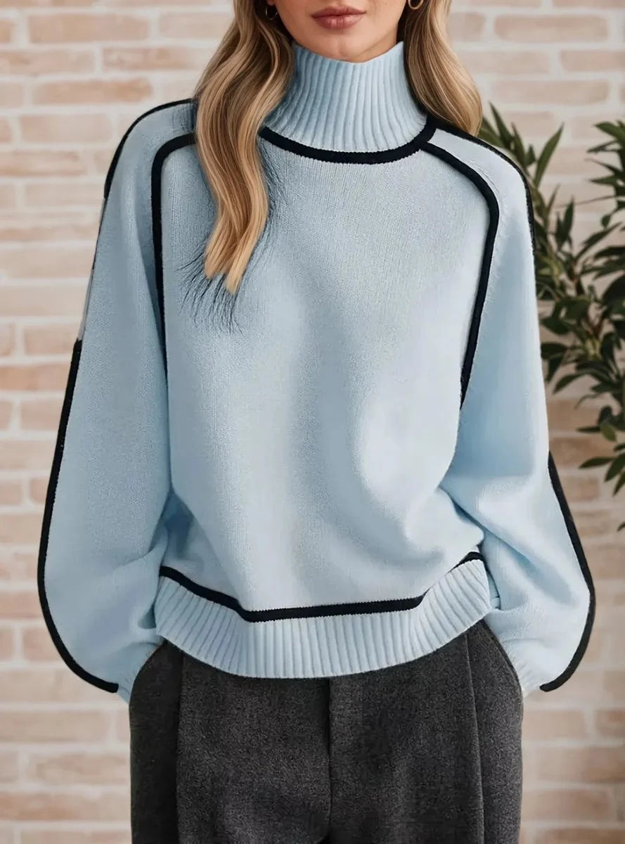 Nuana | Damen Rollkragen Oversized Strick Sweater mit Kontraststreifen