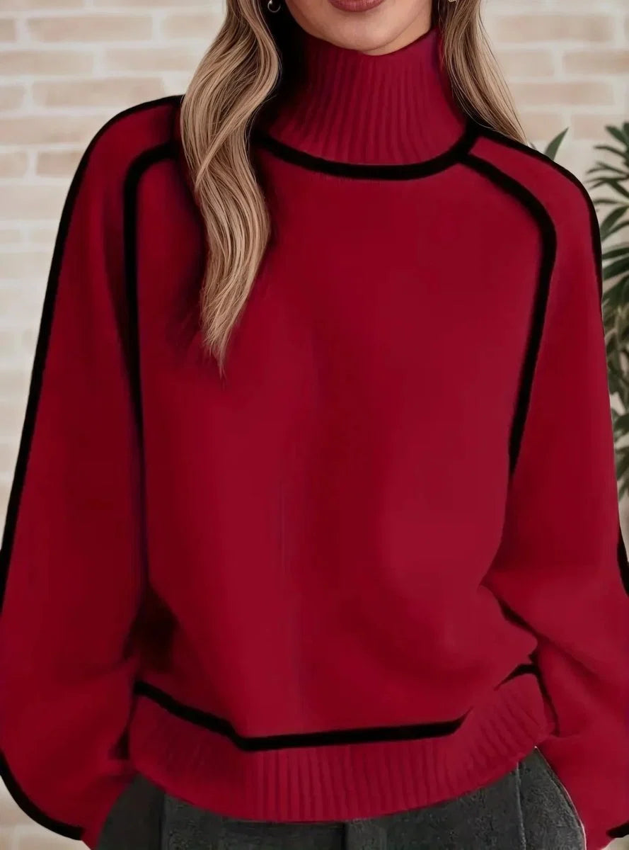 Nuana | Damen Rollkragen Oversized Strick Sweater mit Kontraststreifen