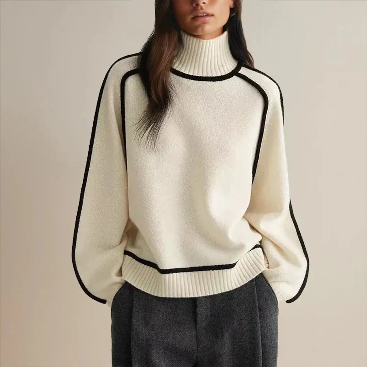 Nuana | Damen Rollkragen Oversized Strick Sweater mit Kontraststreifen