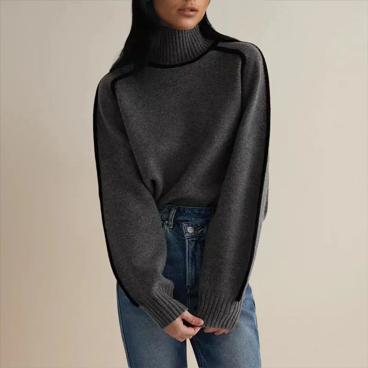 Nuana | Damen Rollkragen Oversized Strick Sweater mit Kontraststreifen