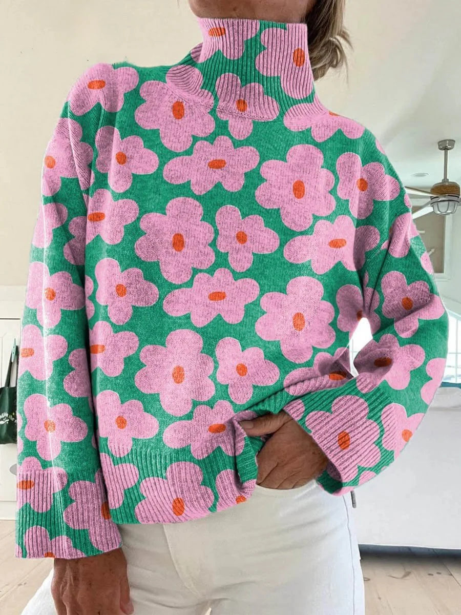 Nuana Damen Rollkragenpullover Lockere Passform Floraler Strick
