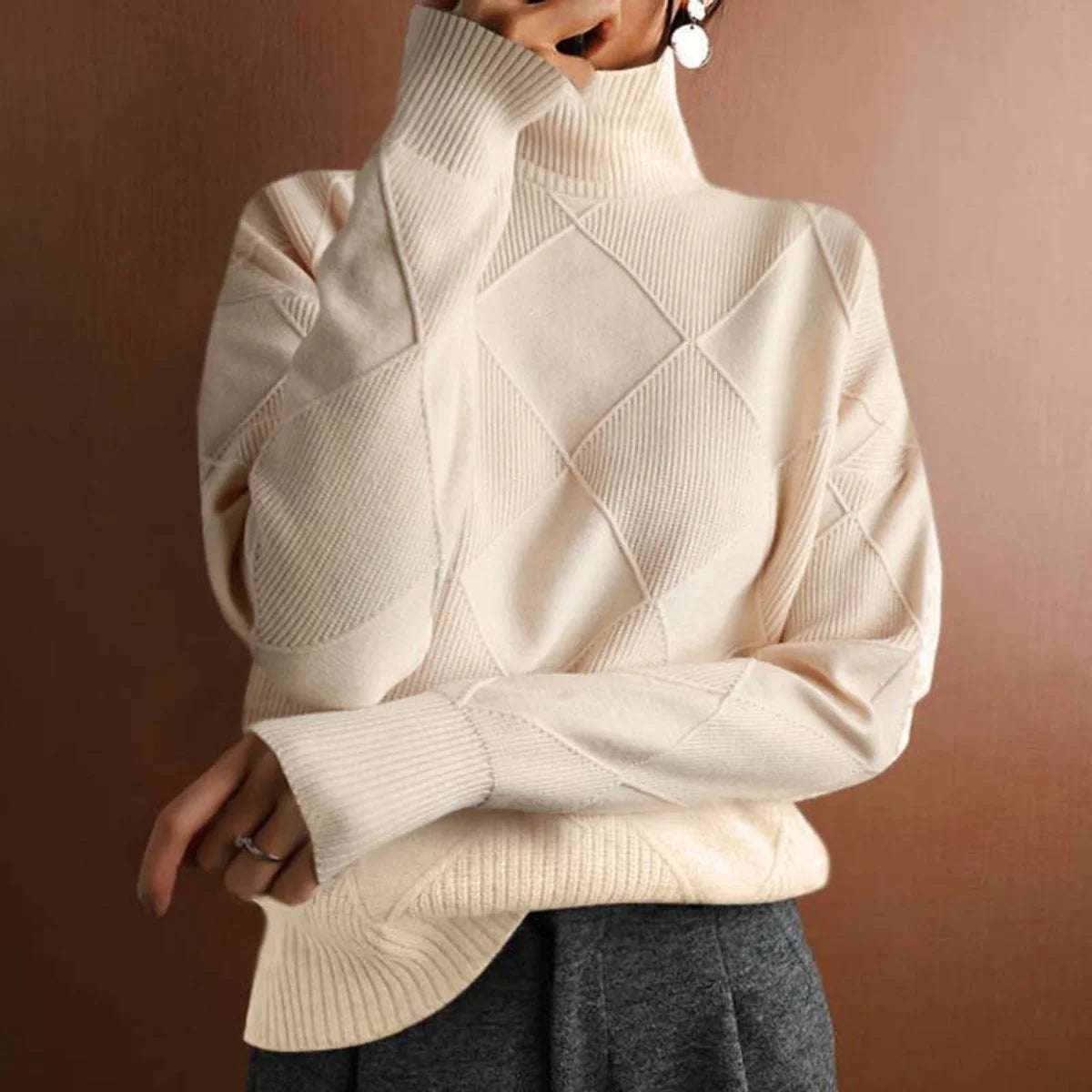 Nuana | Damen Rollkragenpullover mit Rautenmuster Lässiger Strickpullover