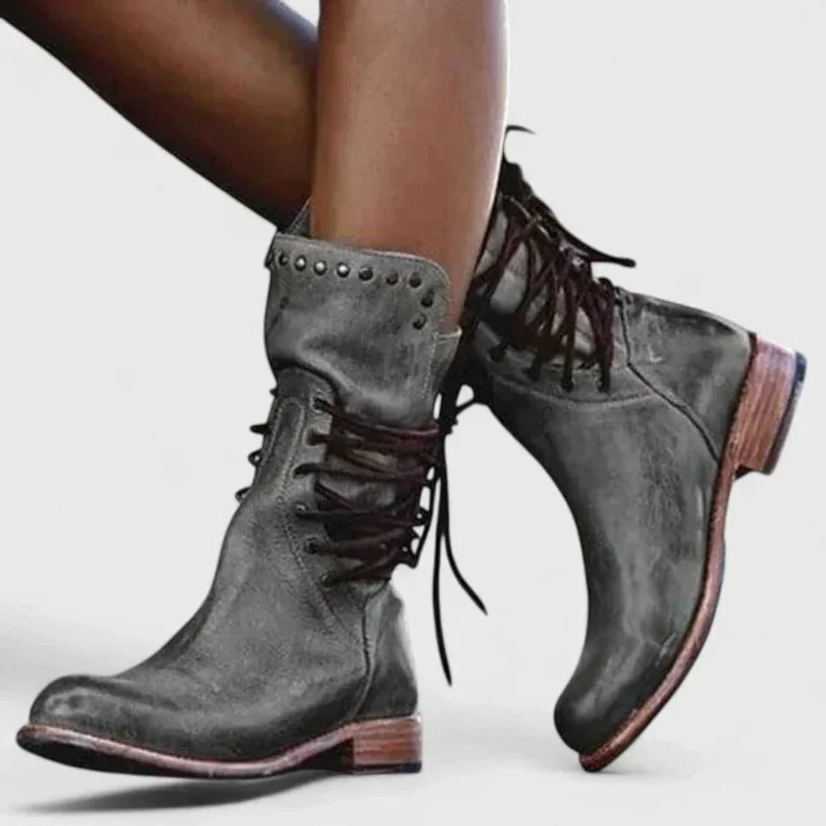 Nuana | Damen Schnürstiefel Vintage Leder-Optik Ankle Boots Nietendetail