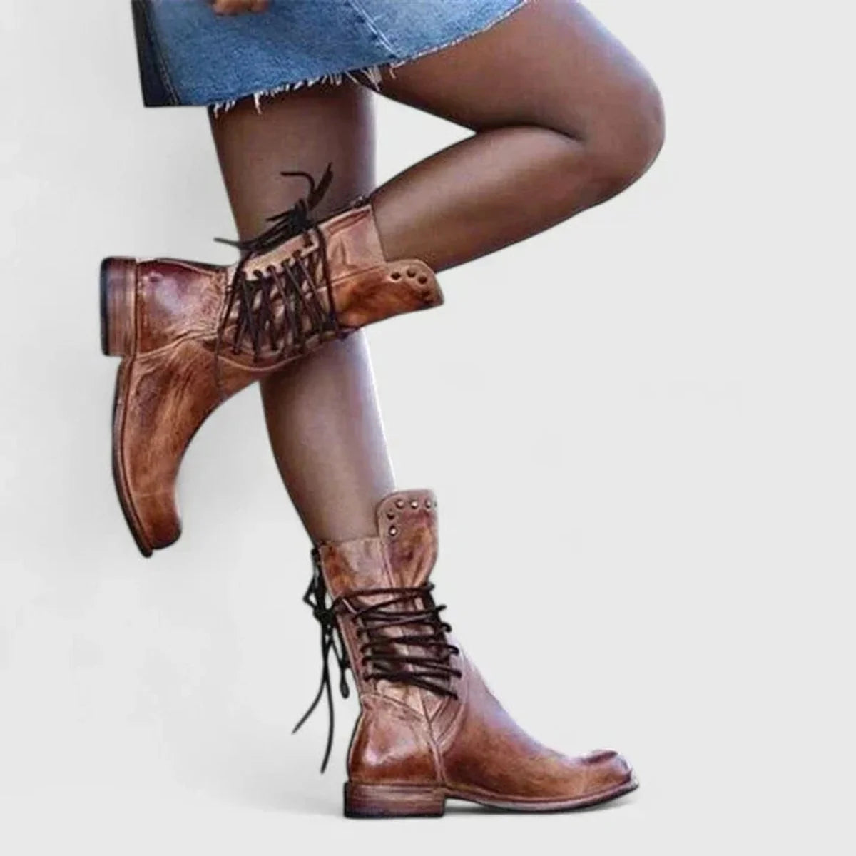 Nuana | Damen Schnürstiefel Vintage Leder-Optik Ankle Boots Nietendetail