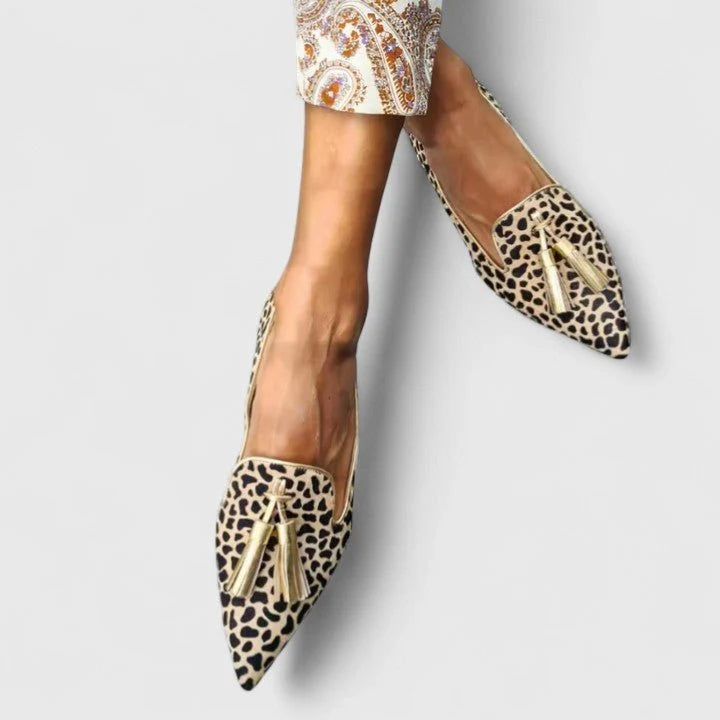 Nuana | Damen Spitze Leopardenmuster Quasten Loafers Flache Slipper