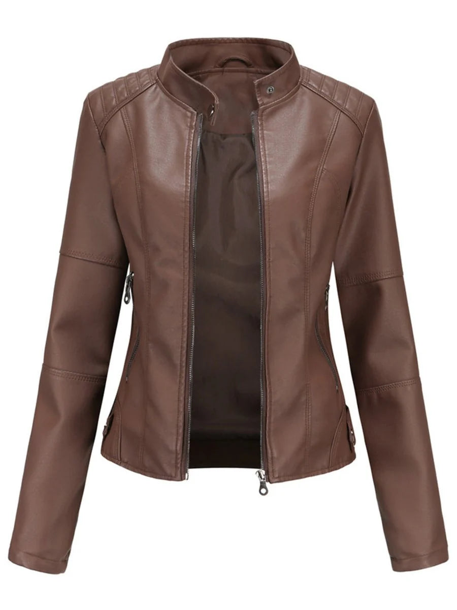 Nuana | Damen Taillierte Kunstleder Biker Jacke Reißverschluss