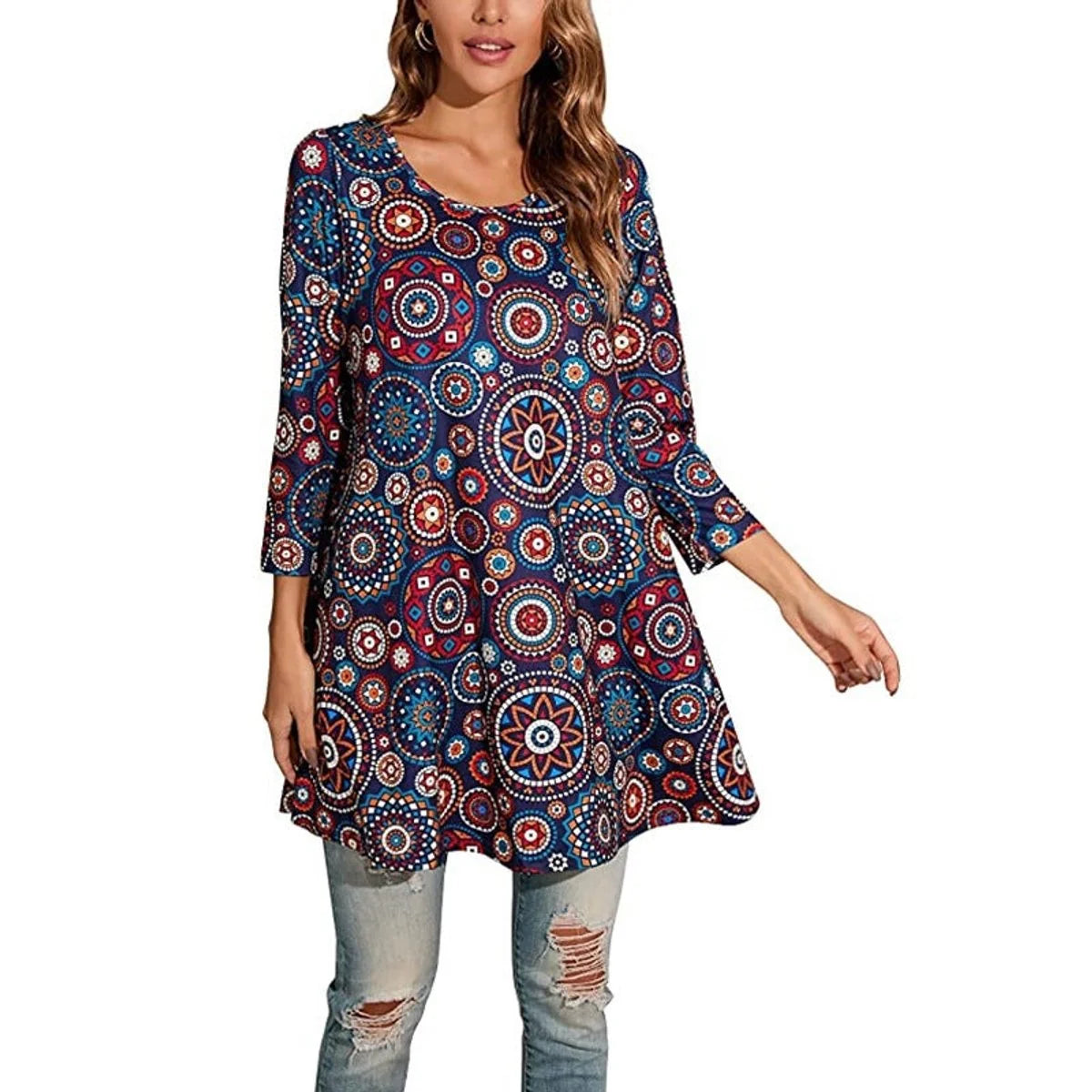 Nuana | Damen Tunika mit Buntem Mandala-Druck und 3/4-Ärmeln