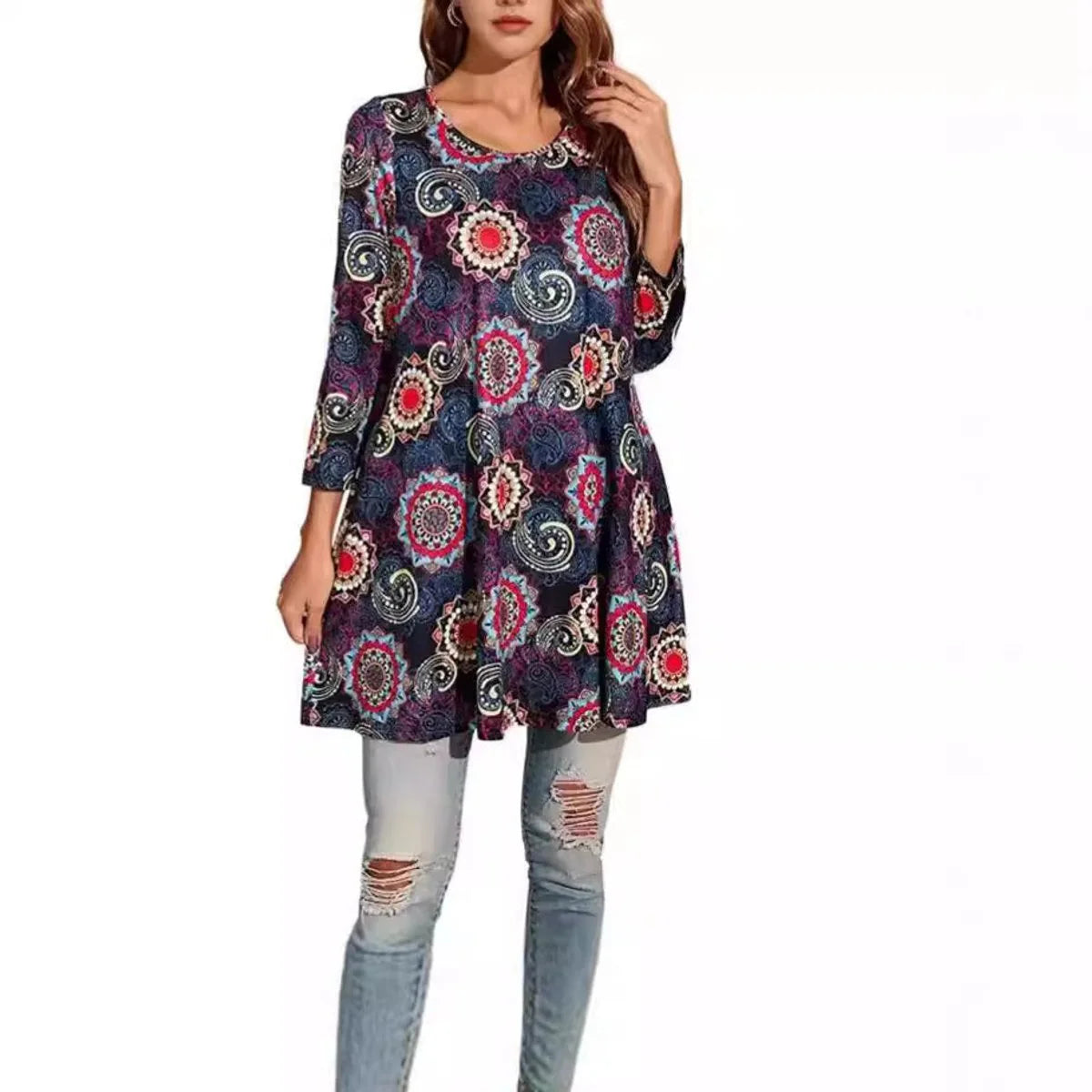 Nuana | Damen Tunika mit Buntem Mandala-Druck und 3/4-Ärmeln